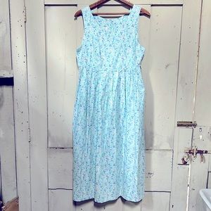 Vintage Laura Ashley sleeveless blue floral midi dress w/ pockets